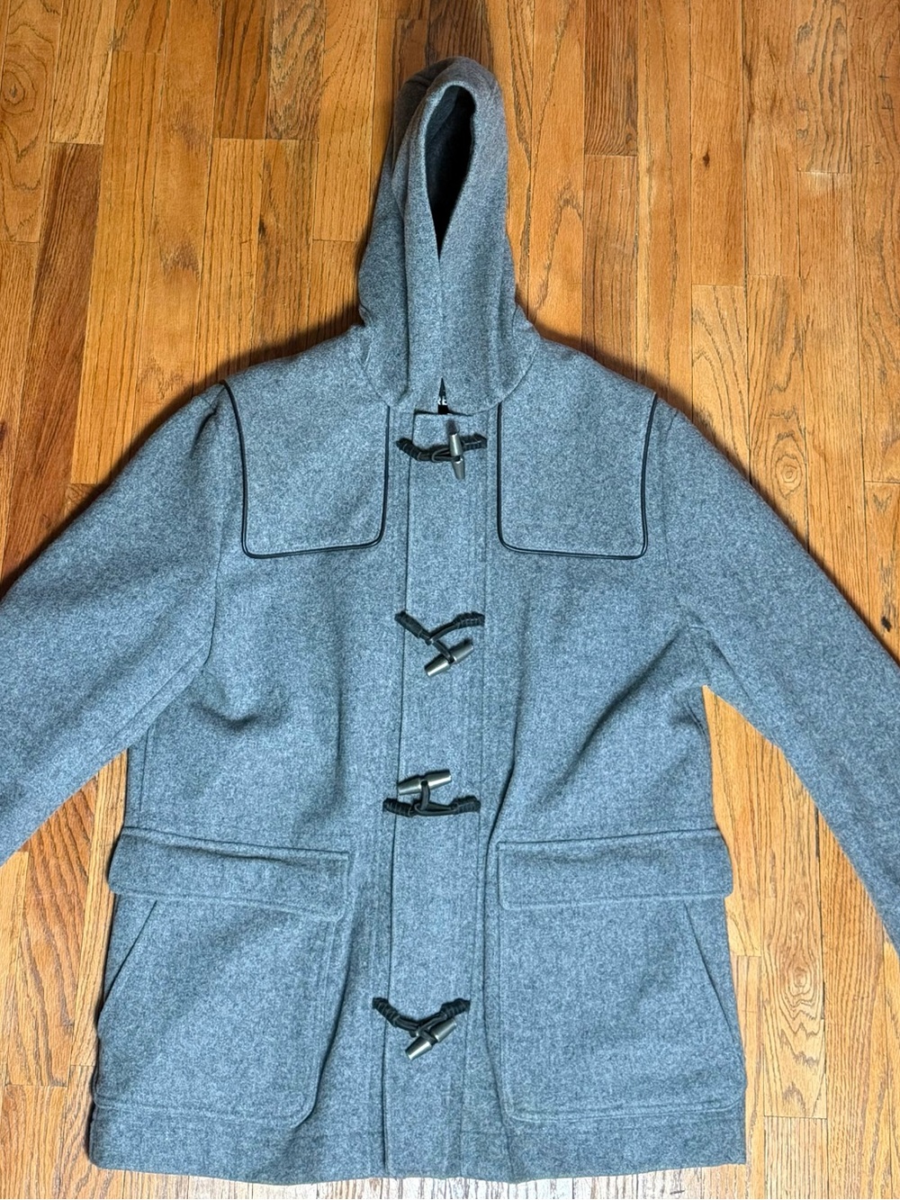Express Coat Mens XL Gray Black Trim Pockets Wool Blend Toggle Zip Hooded